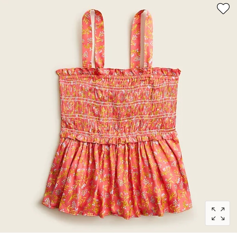 J. Crew Smocked featherweight satin tank in coral meadow floral